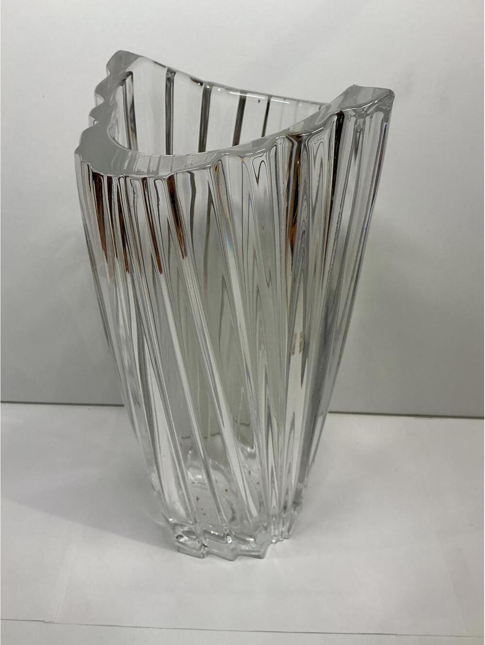 Vintage Clear Ribbed Glass Vase Asymmetrical Rim Heavy Decorative 10”
